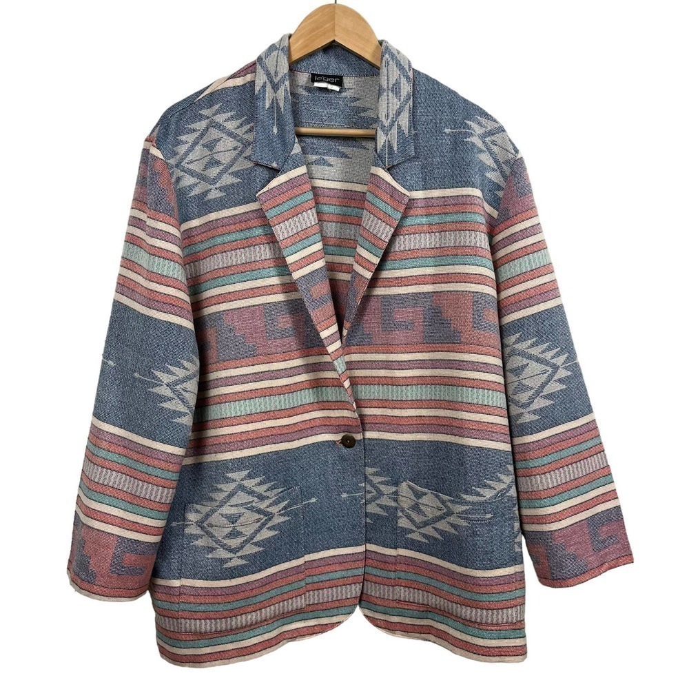 Leger Jacket Womens Large Blue Cotton Western Cowgirl Oversized Blazer Vintage - Picture 1 of 12